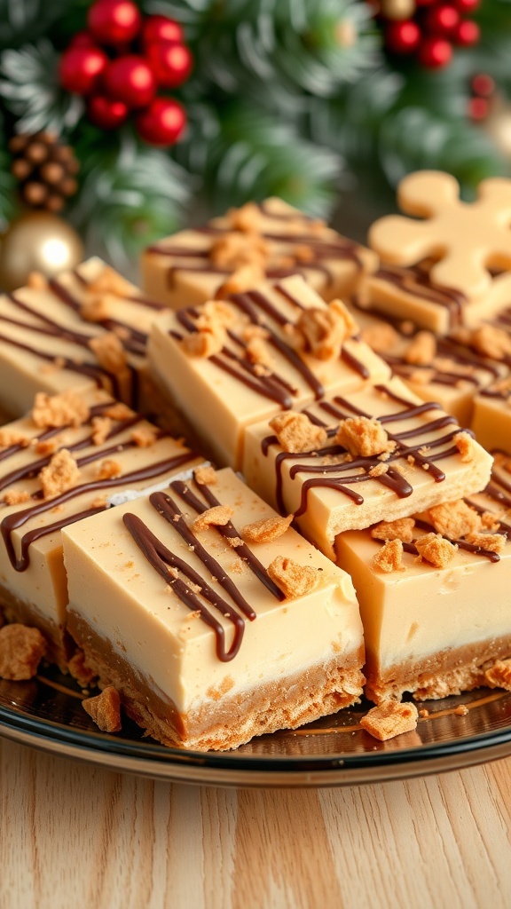 Biscoff Christmas Dessert Bars A plate of Biscoff dessert bars topped with chocolate drizzle and crushed cookies, set against a festive holiday backdrop.